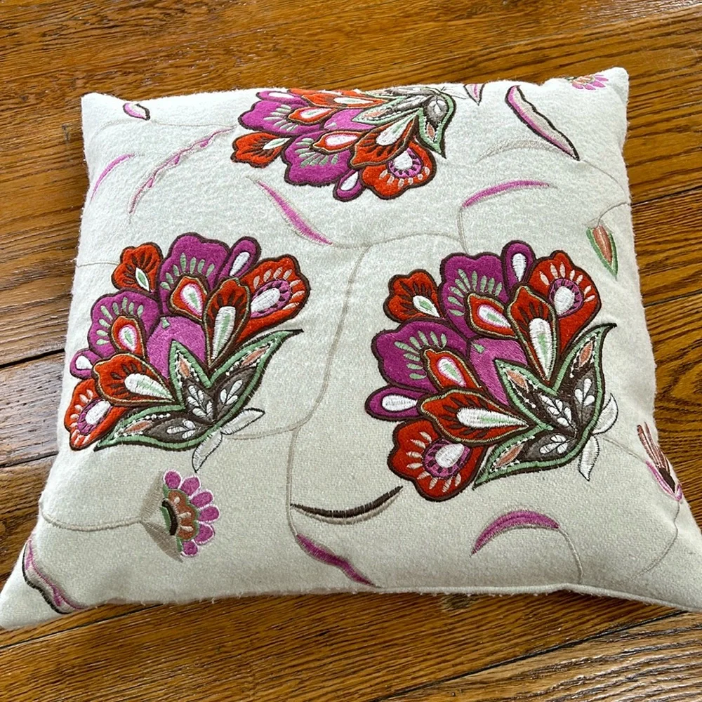 India embroidered 18” square feather pillow.  Excellent used condition.